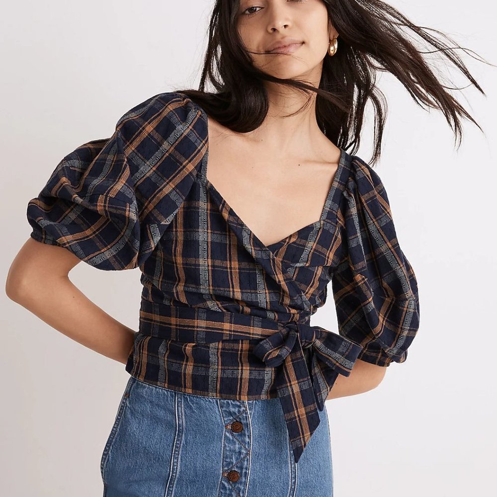 NWT XXS Madewell Sweetheart Wrap Top in Plaid. SOLD OUT